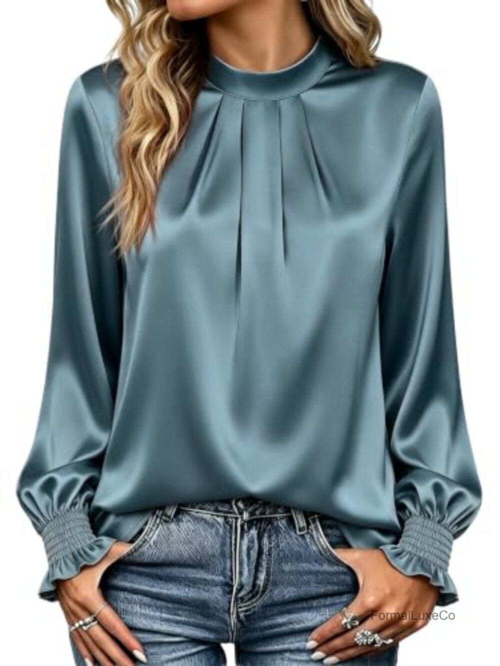 Silk Satin Long Sleeve Mock Neck Blouse Pleated Dressy Casual Top